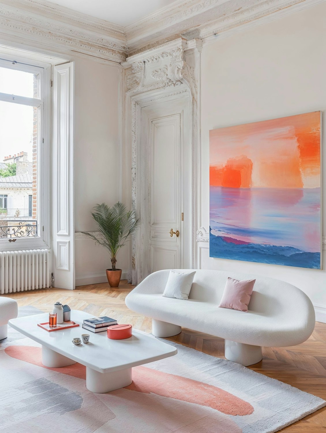 Styled living room with a white sofa, abstract art and moldings.